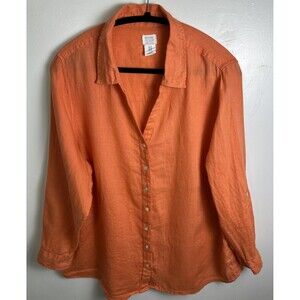 Sigrid Olsen Size 1X 100% Linen Coral Orange Tunic Top Long Roll Tab Sleeves